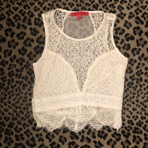 WOW couture Tops - White Lace and Mesh Crop Top